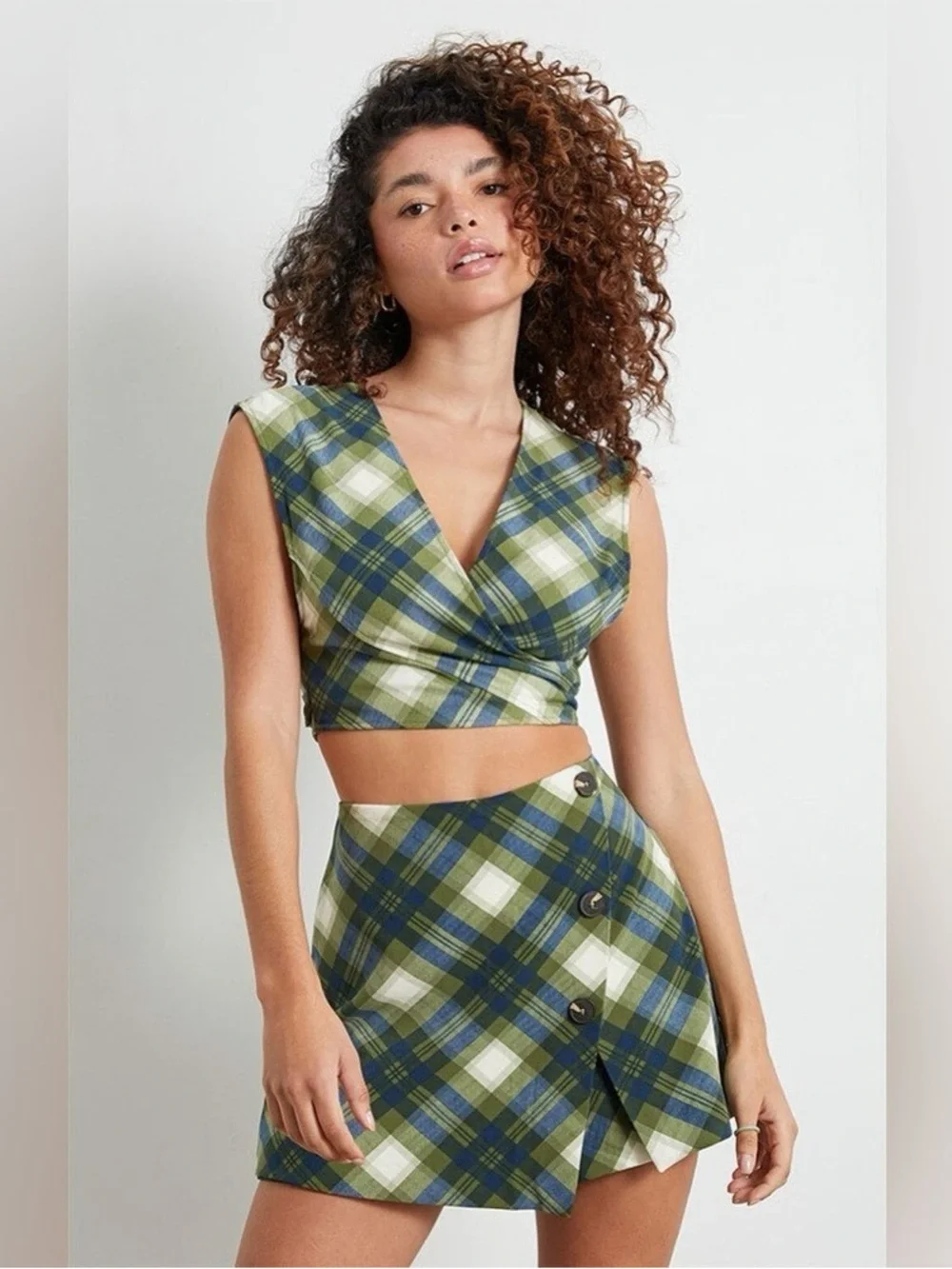 WeWoreWhat wrap top and mini skirt set in vintage plaid green small GUC
